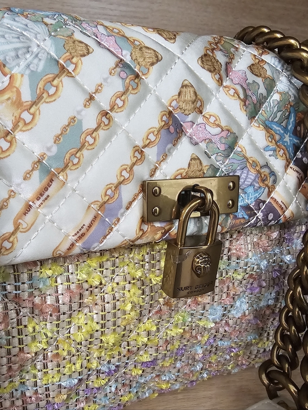Kurt Geiger London Brixton Mixed Media Tweed Shoulder Bag with Gold Chain. - Picture 7 of 13